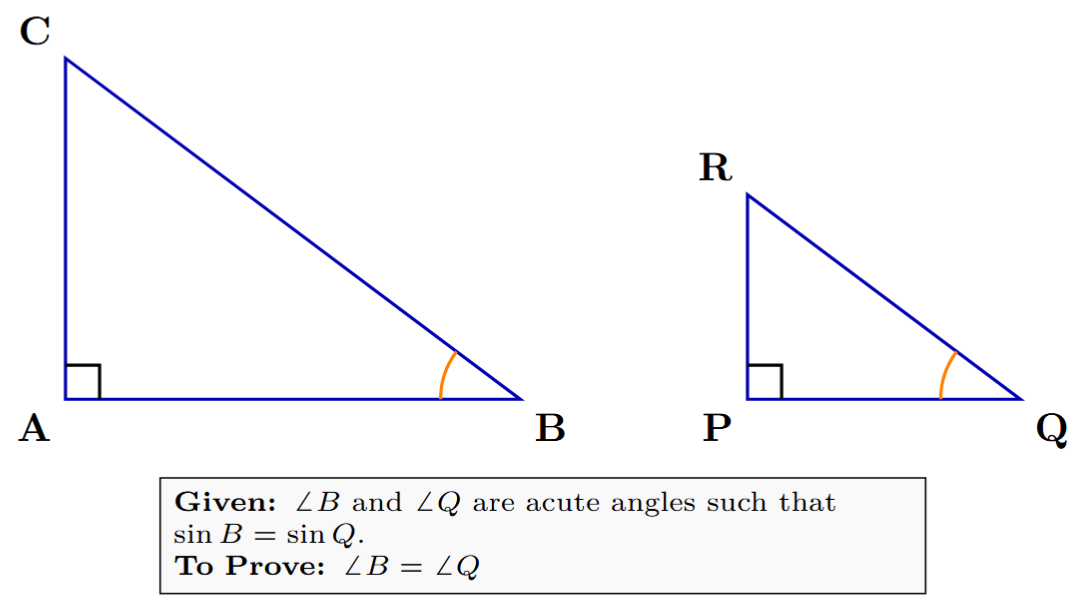 Diagram showing two right-angled triangles ABC and PQR, with right angles at A and P respectively, and acute angles B and Q.