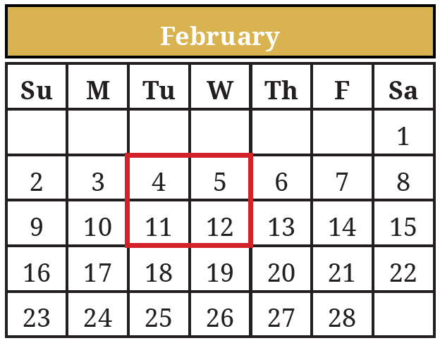 February calendar showing a 2x2 square