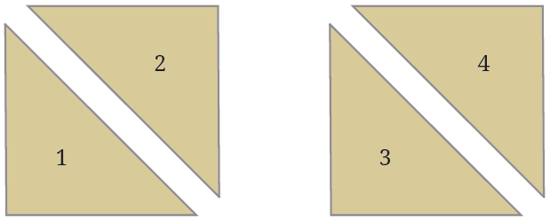 Two identical squares cut into four specific pieces labeled 1, 2, 3, and 4