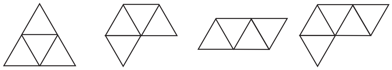 Four different arrangements of four equilateral triangles showing potential nets of a regular tetrahedron