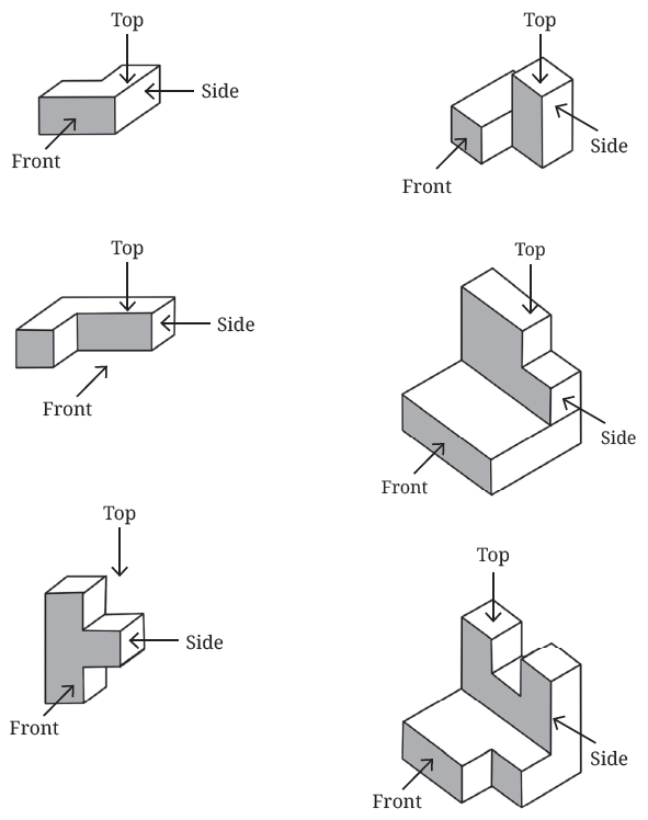 Various 3D arrangements of identical cubes with Front, Top, and Side labels