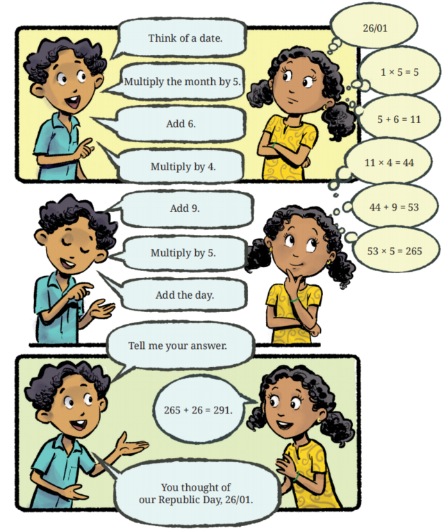 Comic strip illustrating Shubham guiding Mukta through a date-guessing math trick step-by-step