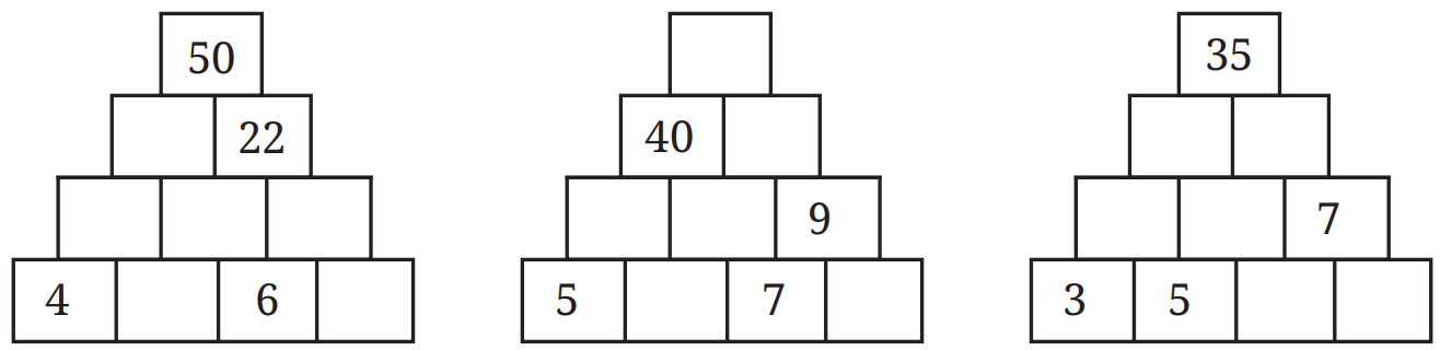 Three number pyramids with some given values and empty boxes to be filled