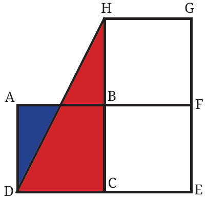Three identical squares with shaded red and blue regions
