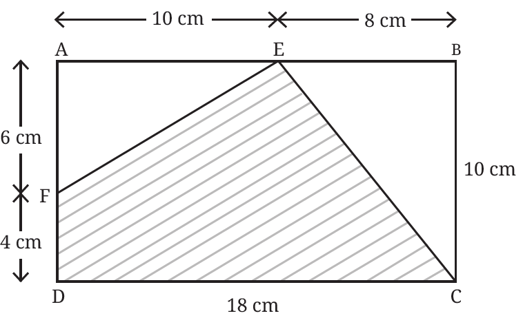 Rectangle ABCD with a shaded region inside and labeled segments: 18 cm, 10 cm, 10 cm, 8 cm, 6 cm, 4 cm