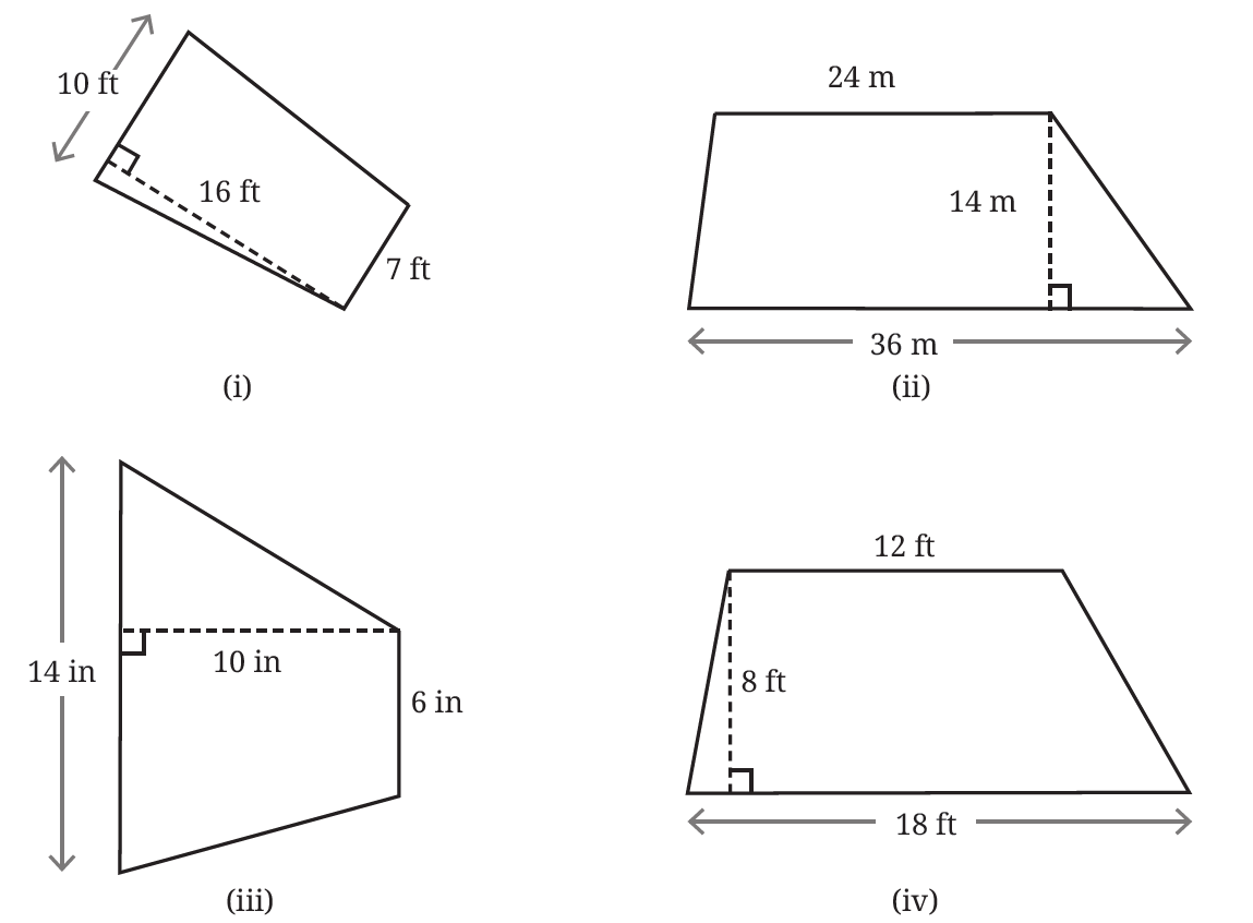 Four geometric figures (i, ii, iii, iv) including trapeziums and composite shapes with various measurements