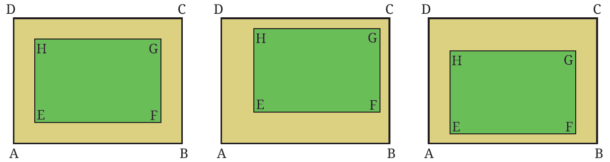Three diagrams showing different positions of the inner rectangle EFGH within the outer rectangle ABCD