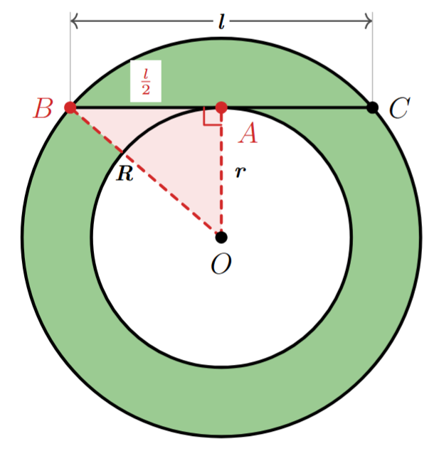 Construction showing radii R and r and the right triangle OAB