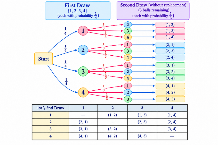 Tree diagram for drawing balls without replacement