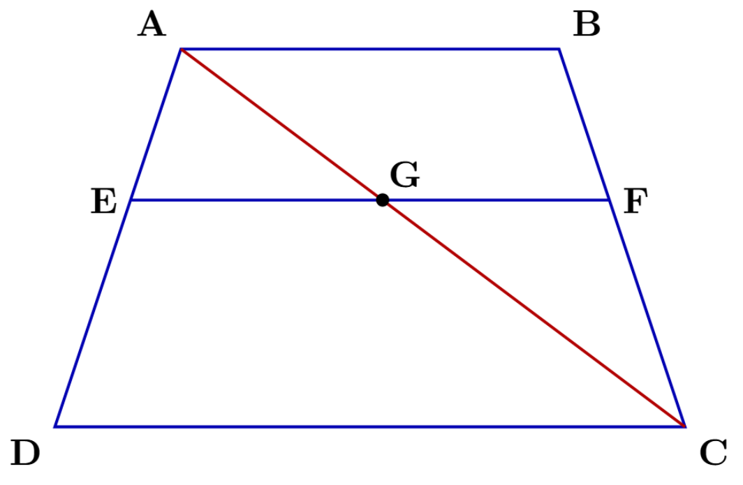 Construction for the proof: Diagonal AC is drawn in trapezium ABCD, intersecting the line segment EF at point G.