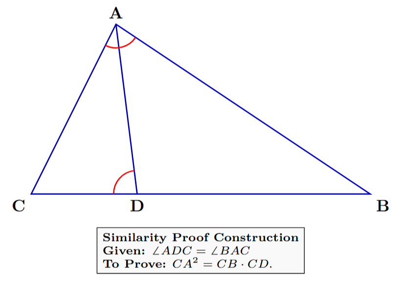 A triangle ABC with a point D on side BC. The angles BAC and ADC are marked to show they are equal.
