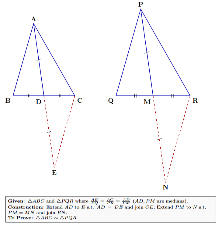 Construction for Question 14. Median AD is extended to E such that AD=DE, forming triangle ACE. Median PM is extended to N such that PM=MN, forming triangle PRN.