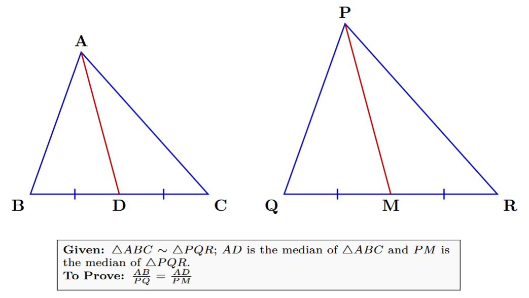 Two similar triangles, ABC and PQR. AD is the median from A to BC, and PM is the median from P to QR. The triangles ABD and PQM are highlighted.