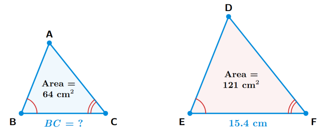 Two similar triangles, ABC and DEF. The area of ABC is 64 cm squared and the area of DEF is 121 cm squared. The length of side EF is 15.4 cm.