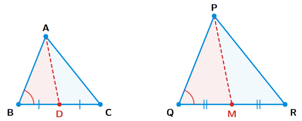 Two similar triangles, ABC and PQR. AD is the median from A to BC, and PM is the median from P to QR.