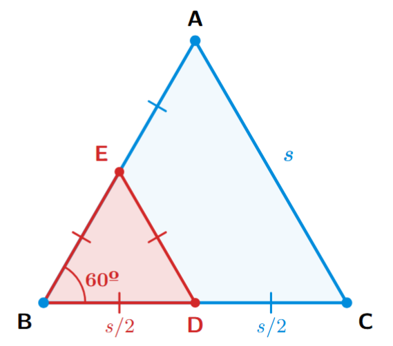 An equilateral triangle ABC. D is the midpoint of side BC. Another smaller equilateral triangle BDE is drawn with side BD.