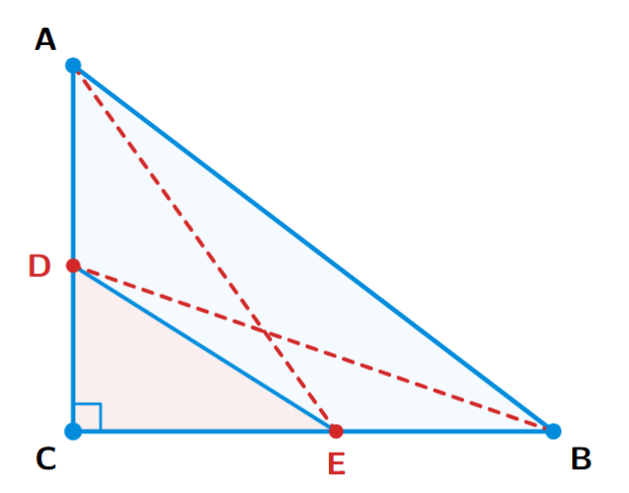 A right-angled triangle ABC with the right angle at C. Point D is on side CA and point E is on side CB. Lines are drawn to form hypotenuses AE, BD, AB, and DE.