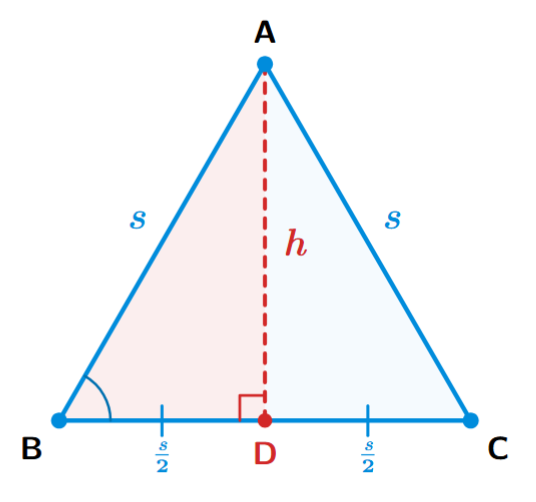 An equilateral triangle ABC with side 's'. An altitude AD of length 'h' is drawn from vertex A to the base BC, bisecting it at D.