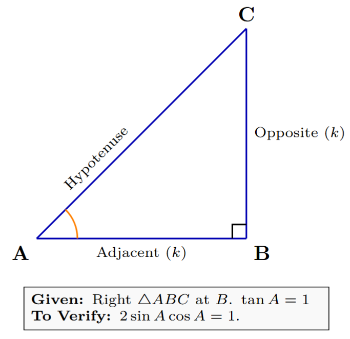 Right-angled triangle ABC with angle B equal to 90 degrees, hypotenuse AC, side BC opposite angle A, and side AB adjacent to angle A.