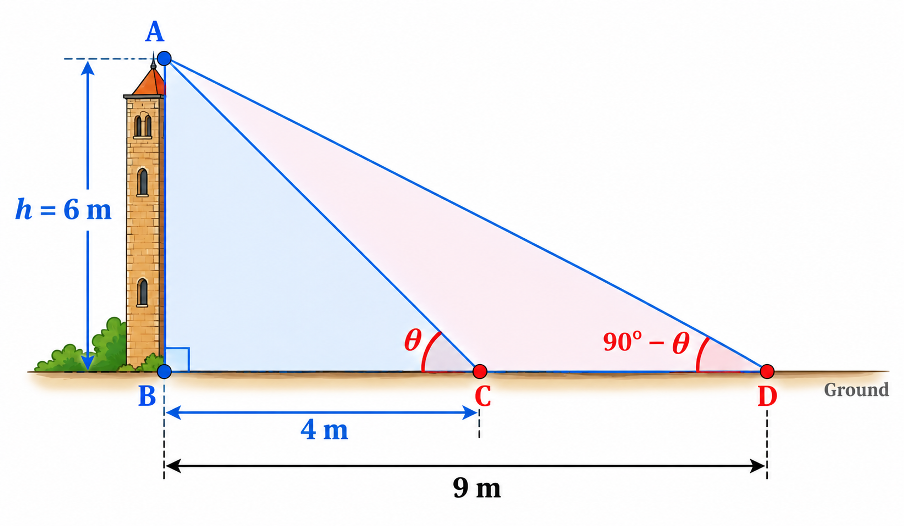 A tower AB with two points C and D on the ground. BC=4m, BD=9m. The angles of elevation from C and D are complementary (θ and 90-θ).