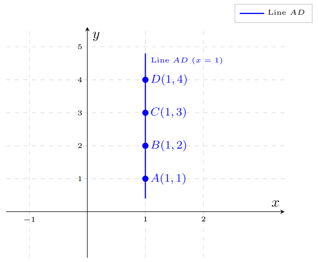 A graph showing points A(1, 1), B(1, 2), C(1, 3), and D(1, 4) plotted. The points form a vertical straight line.