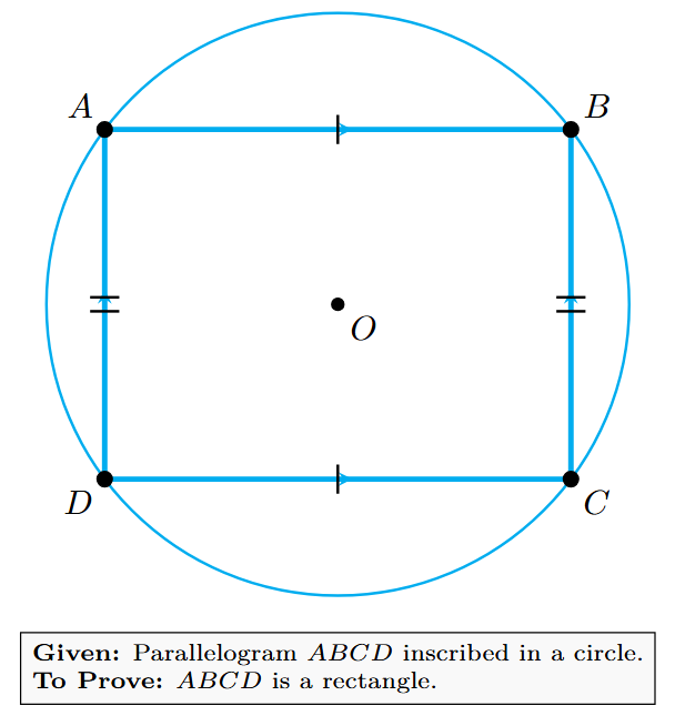 A parallelogram ABCD inscribed in a circle, making it a cyclic parallelogram.