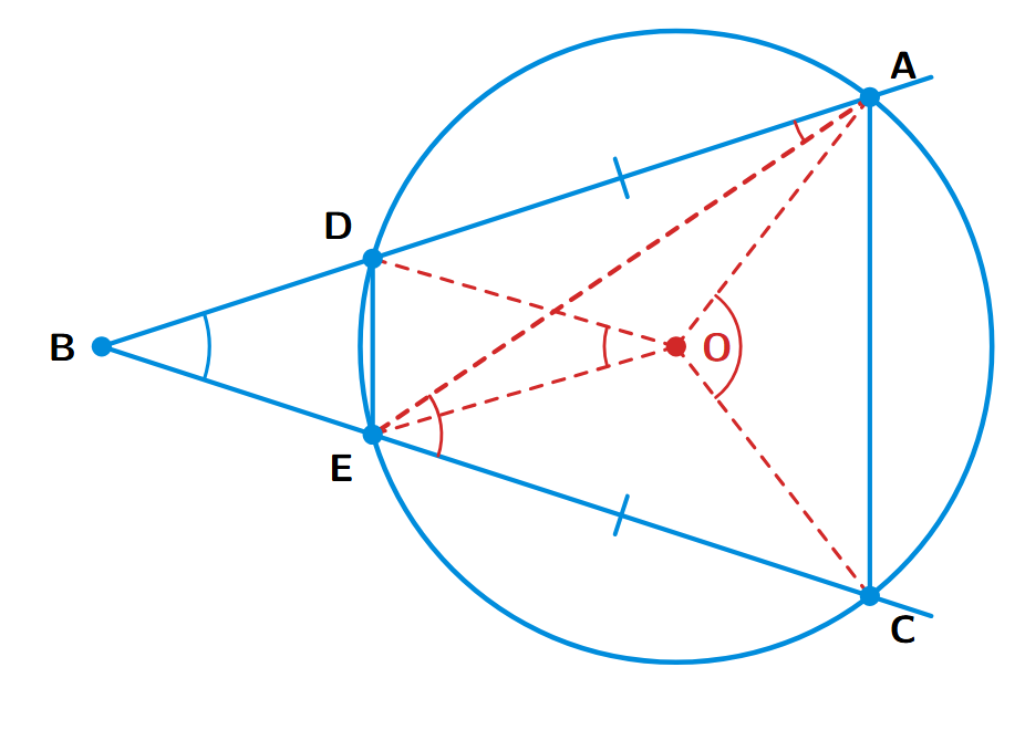 A circle with center O. A point B is outside the circle. Secants BDA and BEC intersect the circle. Chords AC and DE are shown. A construction line AE is drawn to form a triangle ABE.