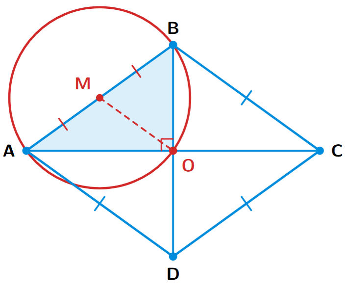 A rhombus ABCD with diagonals intersecting at O. A circle is drawn with side AB as its diameter. The circle passes through point O because angle AOB is 90 degrees.