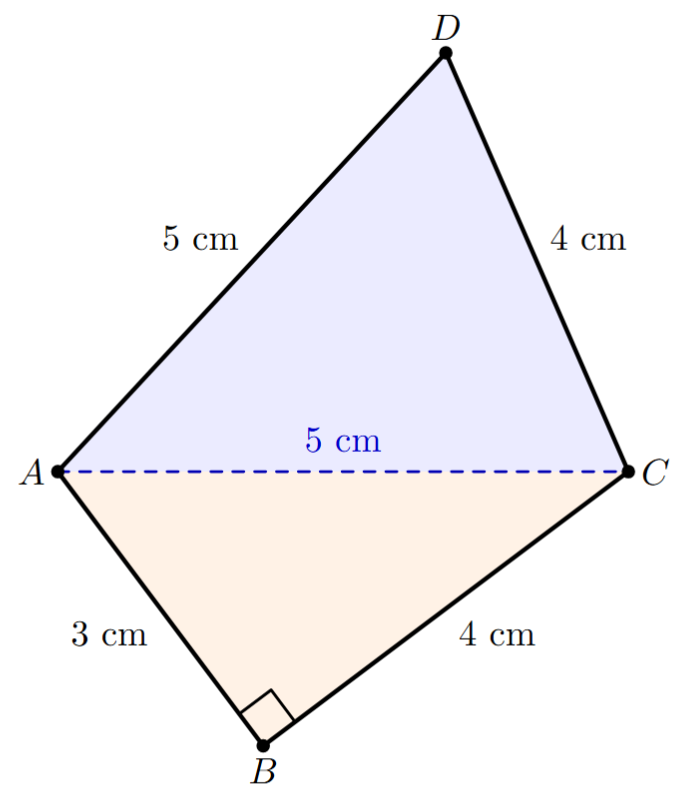 A quadrilateral ABCD with side lengths 3, 4, 4, 5 and diagonal AC=5. The quadrilateral is split into two triangles, ABC and ADC.