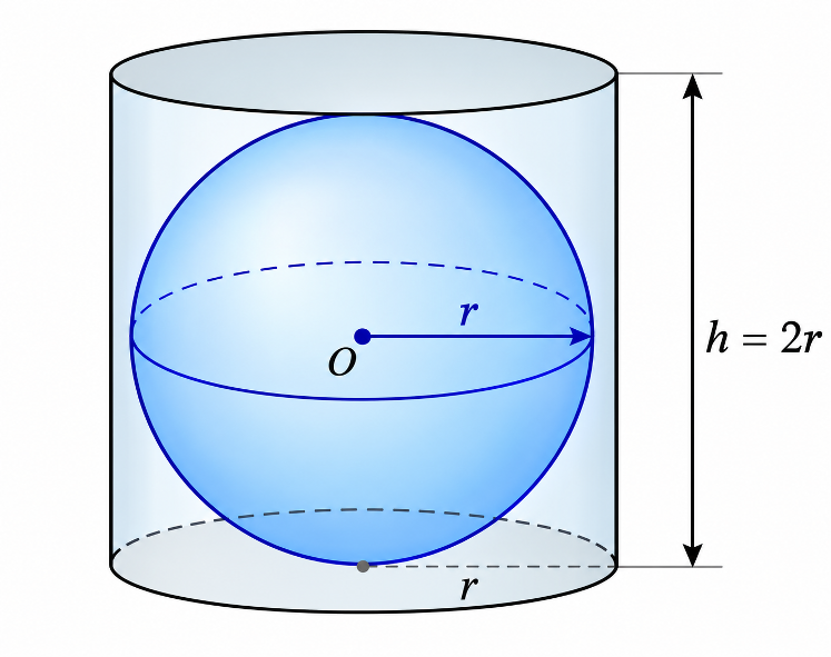 A diagram showing a sphere of radius r perfectly enclosed within a right circular cylinder. The cylinder's height is 2r and its base radius is r.