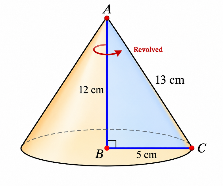 Right triangle ABC with sides 5 cm, 12 cm, and 13 cm revolved about side AB of 12 cm forming a right circular cone of height 12 cm, radius 5 cm, and slant height 13 cm