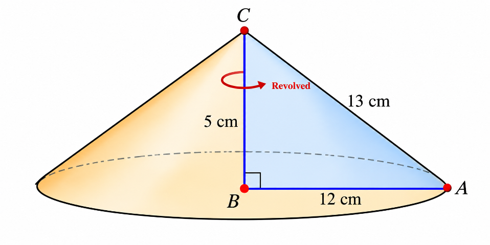 Right triangle ABC with sides 5 cm, 12 cm, and 13 cm revolved about side BC of 5 cm forming a right circular cone of height 5 cm, radius 12 cm, and slant height 13 cm