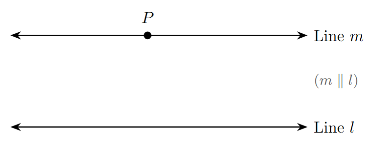 A diagram illustrating Playfair's Axiom. It shows a line 'l' and a point 'P' that is not on line 'l'. A second line 'm' is drawn passing through point 'P'. Line 'm' is shown to be parallel to line 'l'.