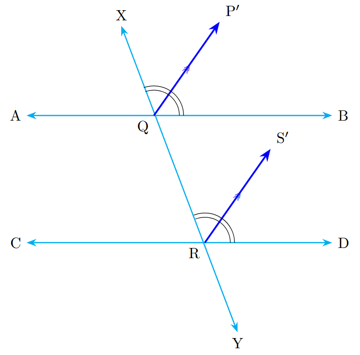 A transversal line XY intersects two lines AB and CD at points Q and R respectively. Ray QP' bisects angle XQB and ray RS' bisects angle QRD, with QP' parallel to RS'.