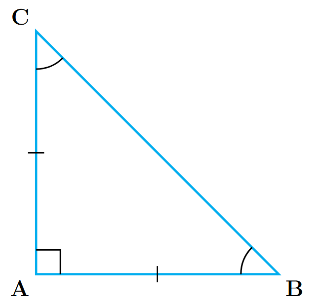 Right-angled isosceles triangle ABC with right angle at vertex A and equal sides AB and AC.