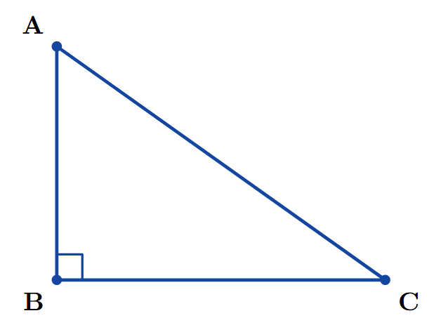 A right-angled triangle ABC, with the right angle at B. AC is the hypotenuse, and it is opposite the right angle.