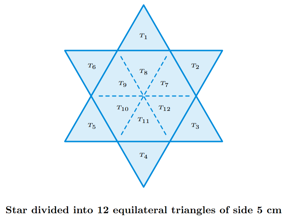 A star-shaped Rangoli (hexagram), shown divided into 12 smaller equilateral triangles, each with a side length of 5 cm.