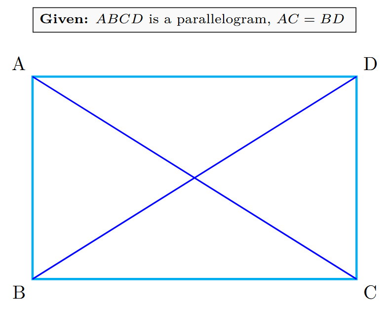 A parallelogram ABCD with its diagonals AC and BD drawn. The diagonals are marked to indicate that they are equal in length.