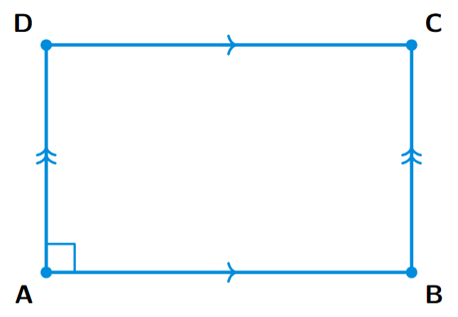 A rectangle ABCD with parallel opposite sides. Angle A is marked as a right angle (90 degrees).