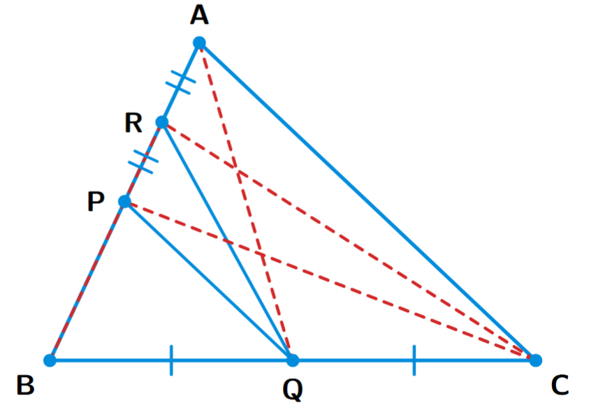 A triangle ABC with P as midpoint of AB, Q as midpoint of BC, and R as midpoint of AP. Lines are drawn connecting these points as described in the construction.